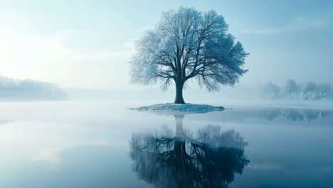 a lone tree in the middle of a lake surrounded by fog