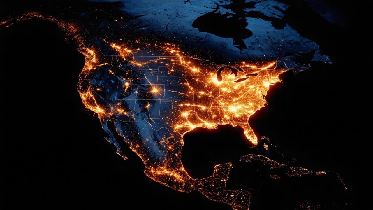 Stunning Satellite Imagery of North America at Night Showcases Urban Areas Illuminated with City Lights Against a Dark Background