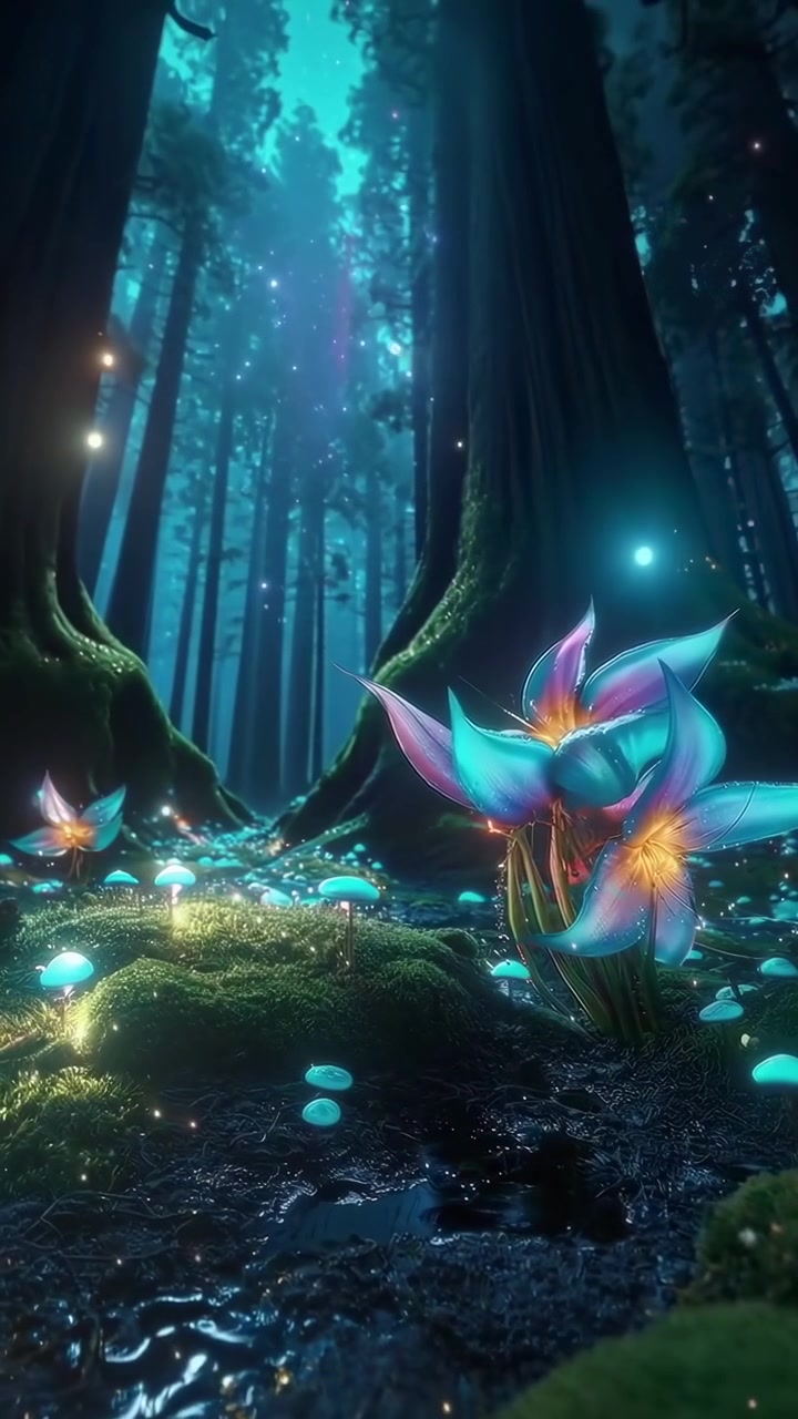 Fiori e funghi luminosi magici in una foresta incantata