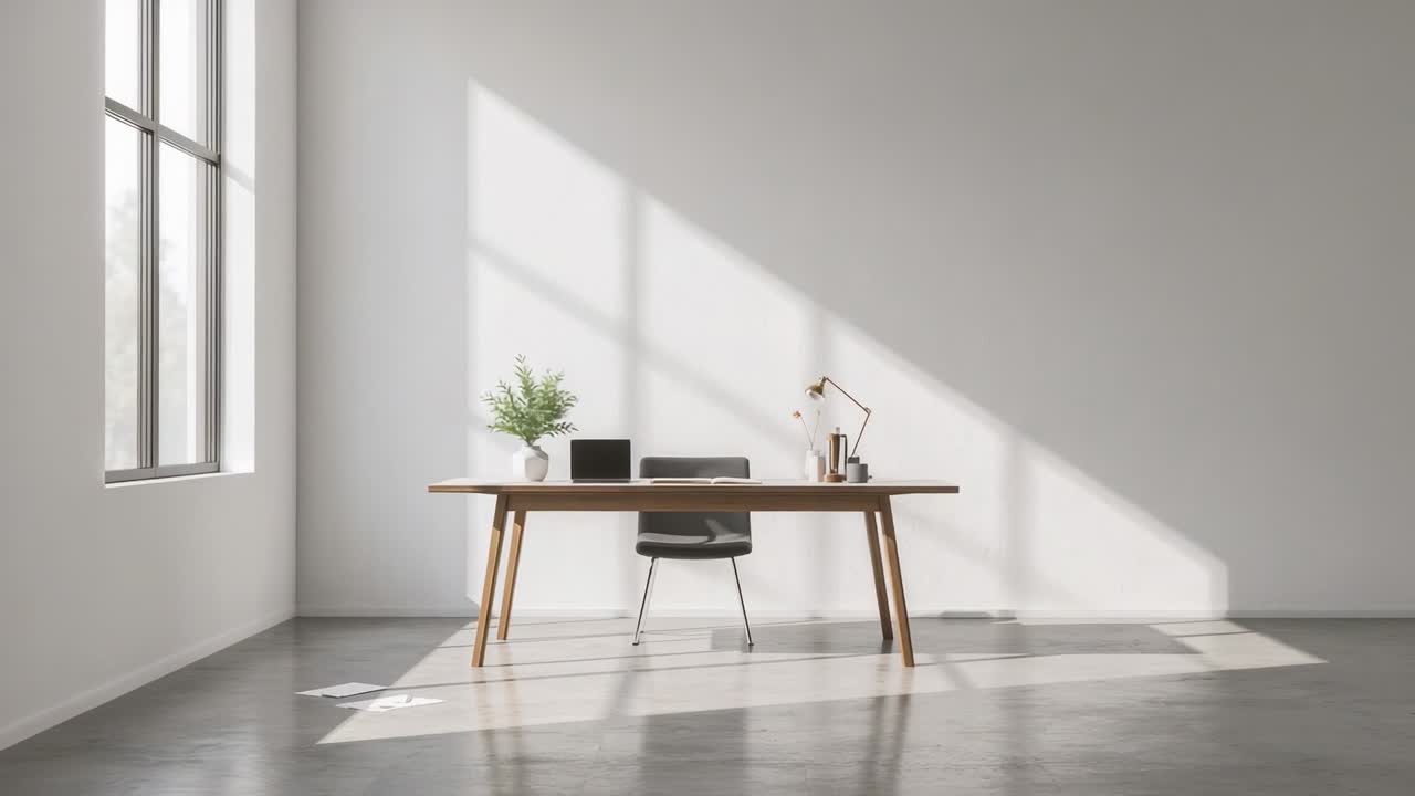 Starting camera holding workspace in bright office with desk chair window plant laptop lamp holders