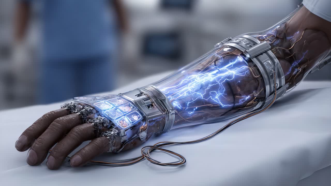 A futuristic cyborg arm showcases advanced technology, featuring intricate circuitry, glowing elements, and an electric design. This robotic limb portrays innovation in medicine and robotics