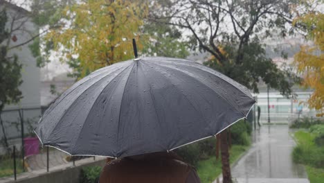 a person walks down a wet city street holding a black umbrella