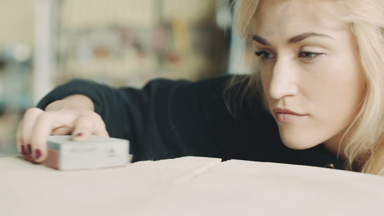 워크샵에서 나무를 연마하는 여성 목수