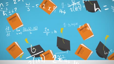 Animation-of-mathematical-equations-and-graduation-hats-on-blue-background