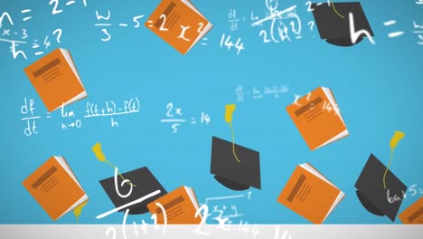 animación de ecuaciones matemáticas y sombreros de graduación sobre fondo azul