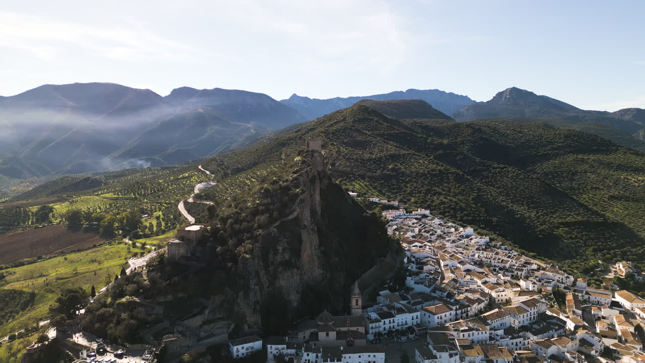 Aerial Drone pushes over the Zahara de la Sierra Castle in Spain.