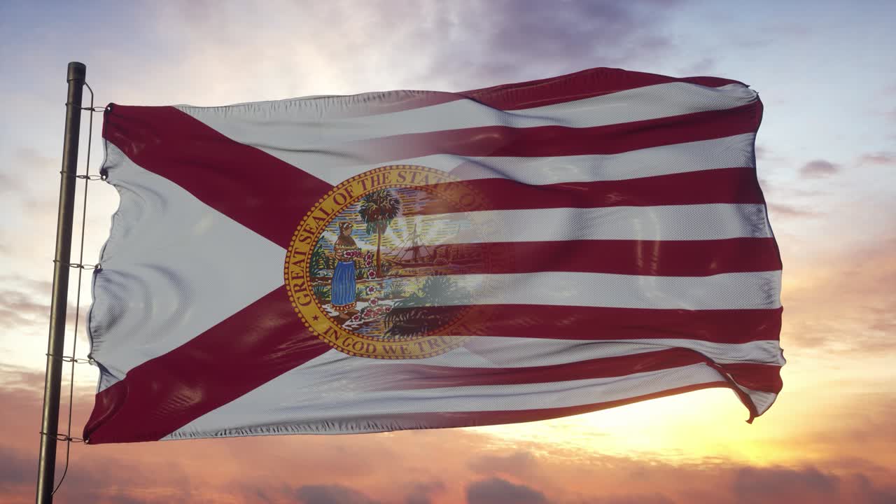 플로리다와 미국 발은 발 기둥 위에 있습니다. 미국과 플로리다의 혼합 발이 바람에 흔들리고 있습니다.