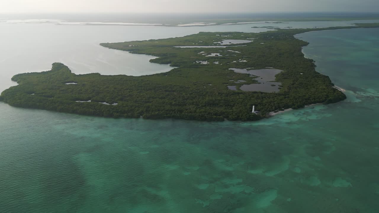 drone fly above natural park biosphere reserve in Tulum Sian Ka'an, Punta Allen lighthouse