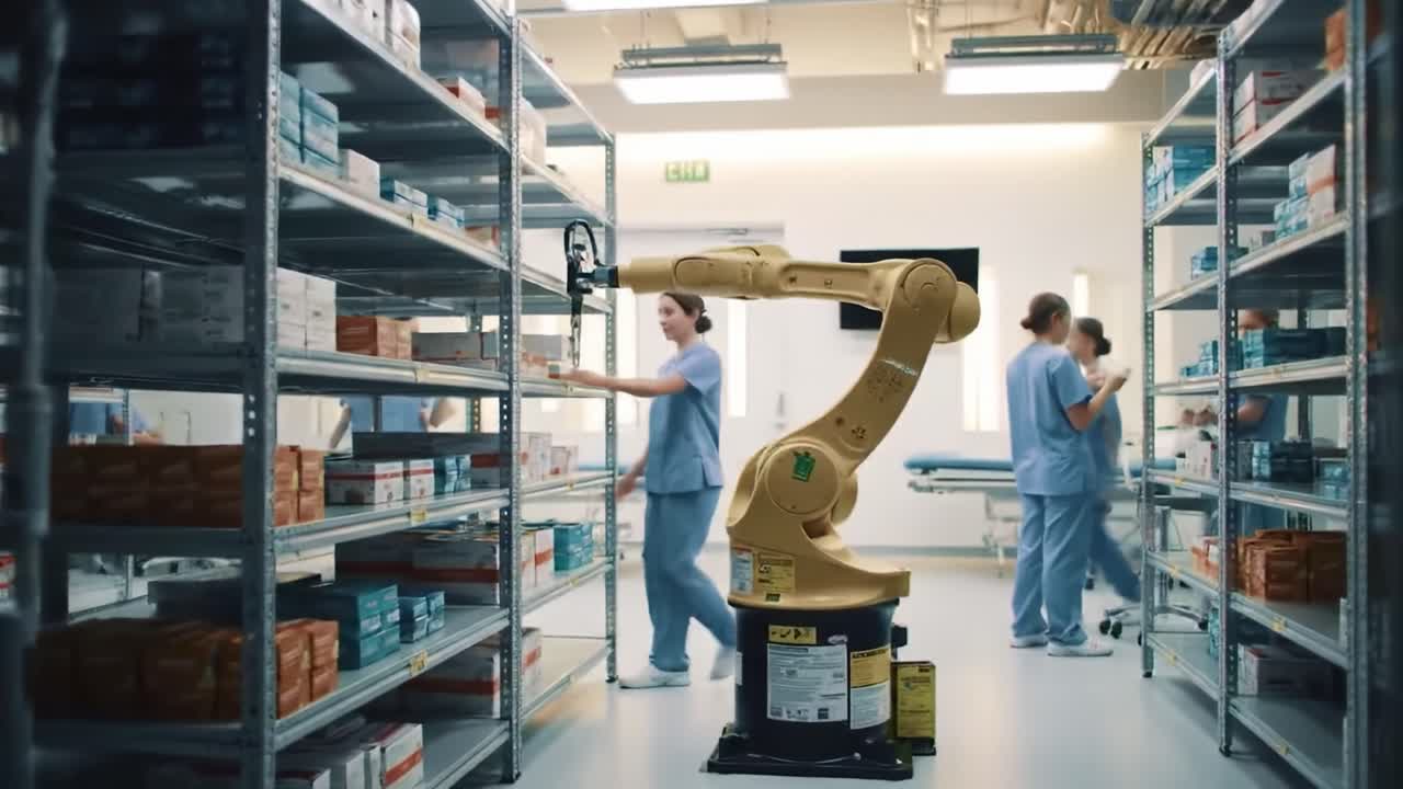 A Modern Medical Facility Showcasing Advanced Robotics and Healthcare Workers in Action: The Integration of Technology in Patient Care Management