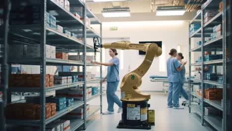 a modern medical facility showcasing advanced robotics and healthcare workers in action: the integration of technology in patient care management
