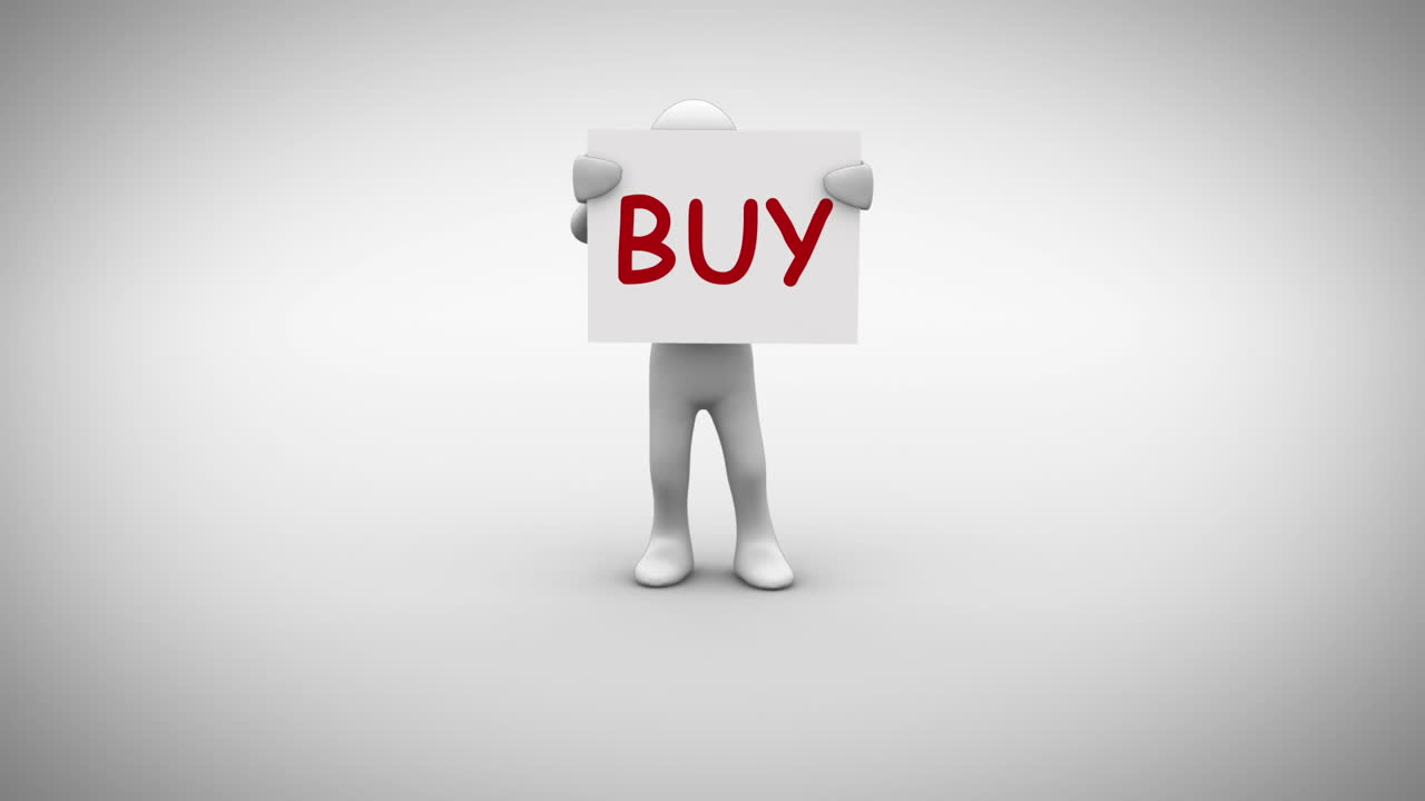White character holding sign saying buy