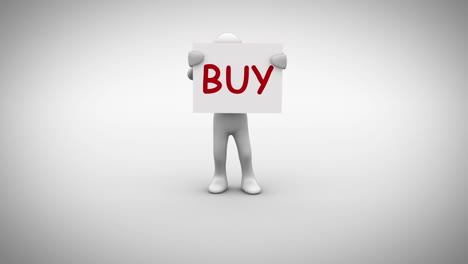 white character holding sign saying buy