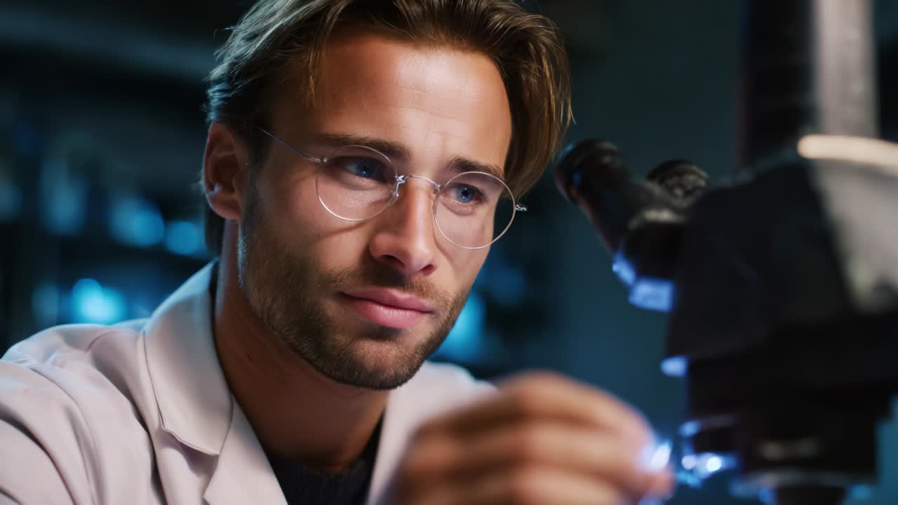 A dedicated researcher meticulously examines samples under a microscope, showcasing the intensity of scientific inquiry, highlighting precision and determination in laboratory work