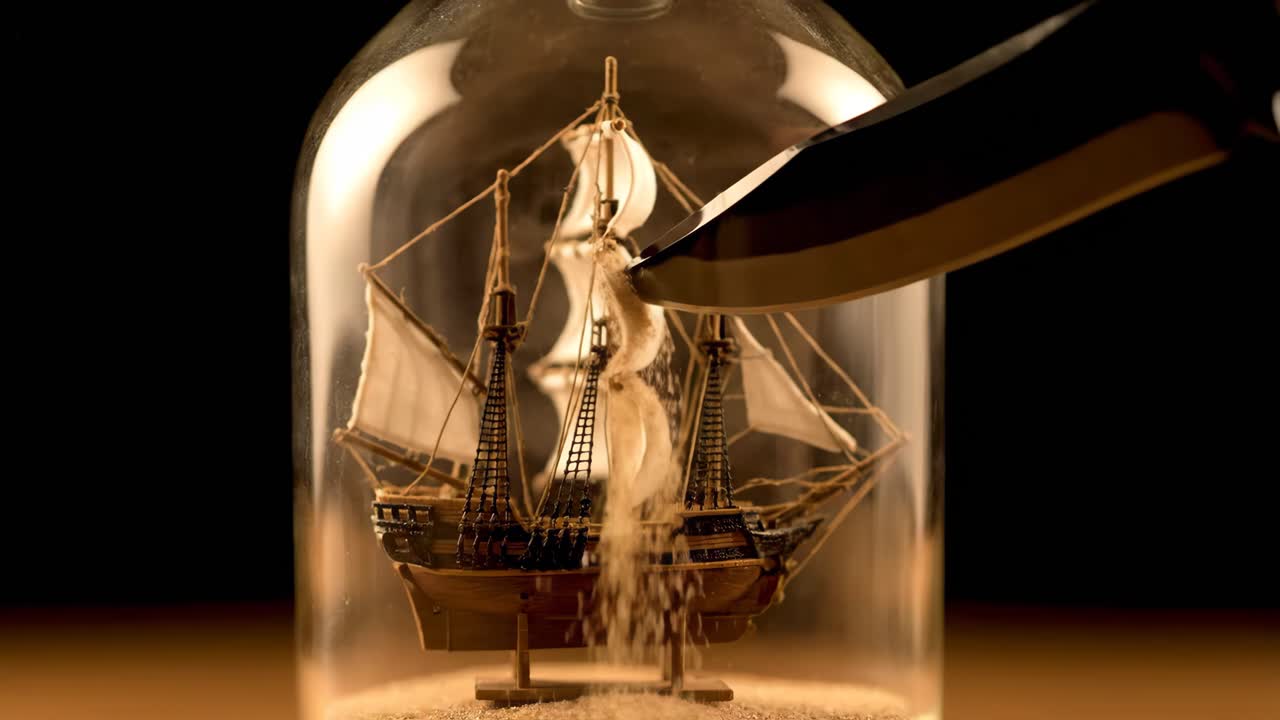 Ship in a Bottle with a Knife and Sand Hourglass