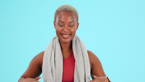 fitness, happy and face of black woman with towel