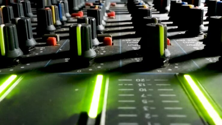 Primo piano di console mixer audio equalizzatore