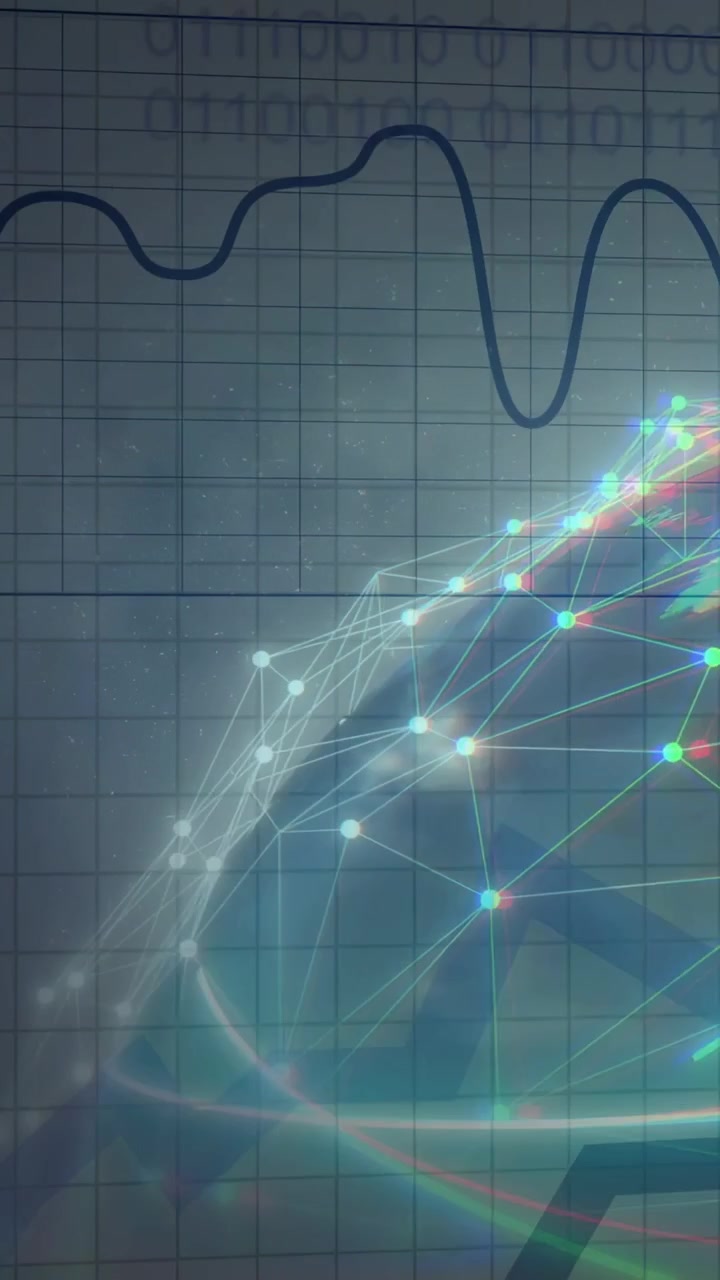Vertical video: Waveform box appearing, globe lighting nodes and tracing lines, showing data growth