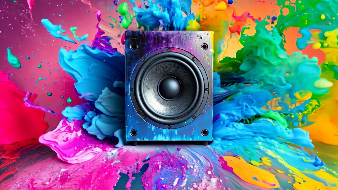 un orador colorido sentado en la parte superior de una superficie colorida