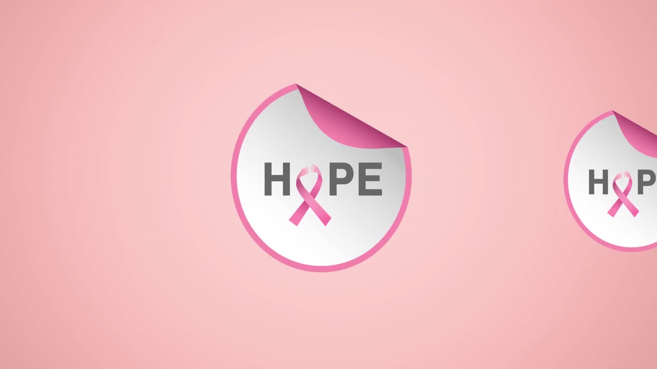 분홍색 배경에 나타나는 다중 분홍색 리본 로고와 희망 텍스트의 애니메이션