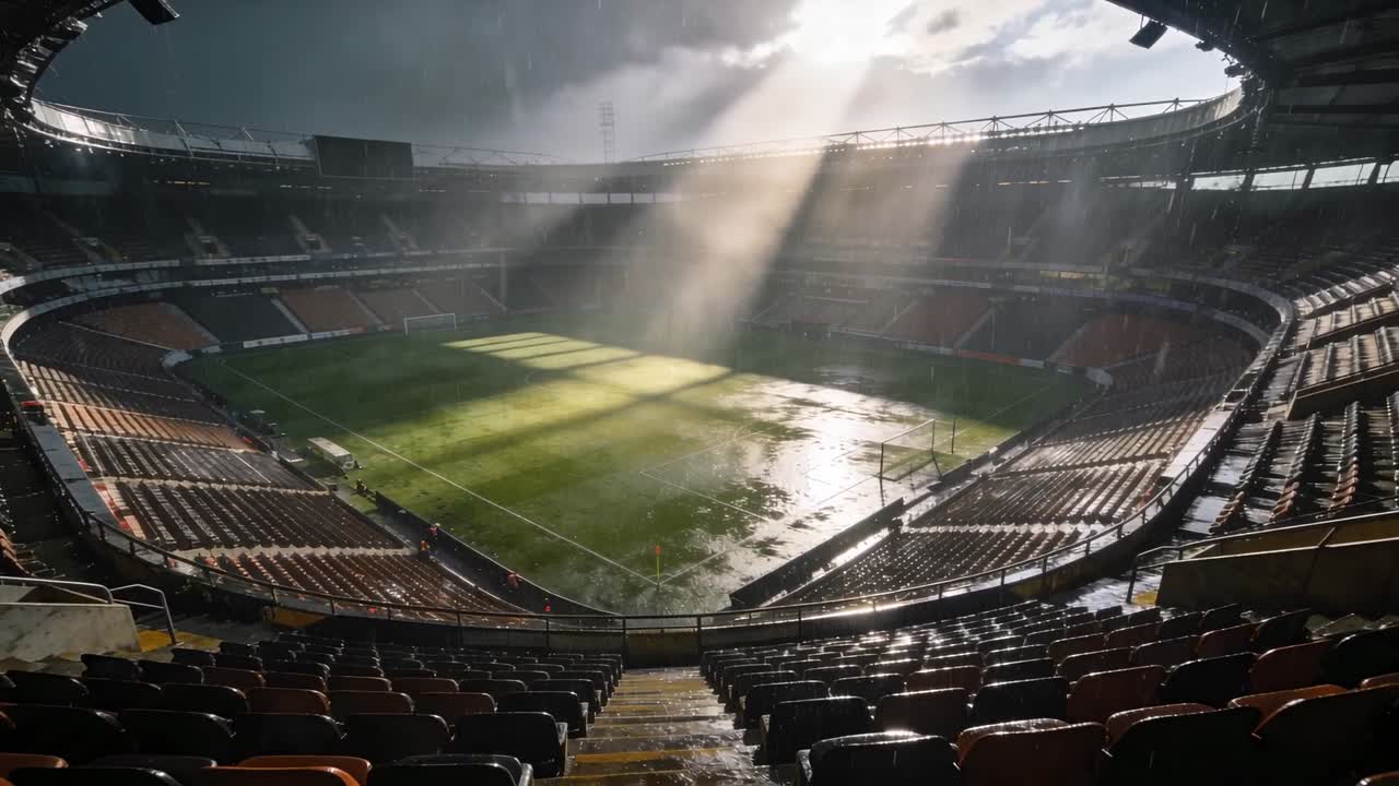 Sonnenstrahlen brechen durch Wolken, beleuchten Spielfeld, Tore, nasse Sitze im Stadion, während Wolken aufreißen.
