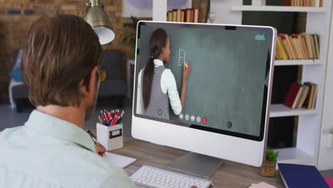 caucasian male student using computer on video call with female teacher