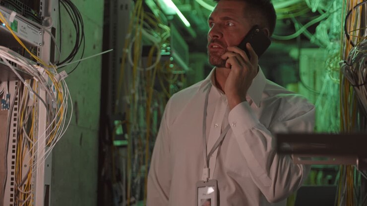 Professionista IT che parla al telefono in una sala server