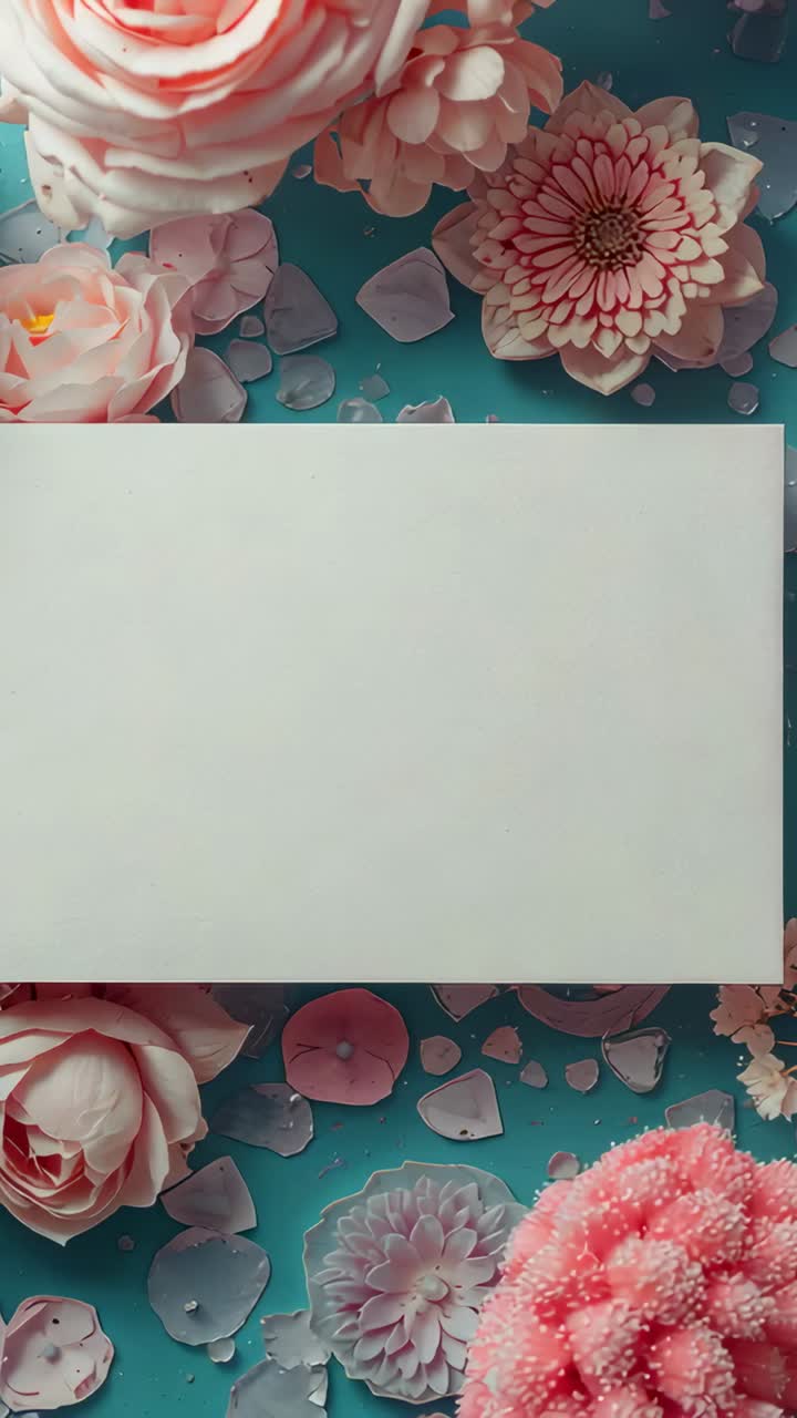 Video verticale: spostamento della telecamera che rivela un cartoncino bianco su un tappetino color ottanio, esponendo fioriture rosa da mostrare