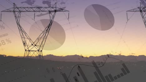 Animation-of-statistical-data-processing-over-network-towers-against-sunset-sky