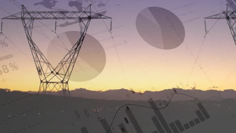 animation of statistical data processing over network towers against sunset sky