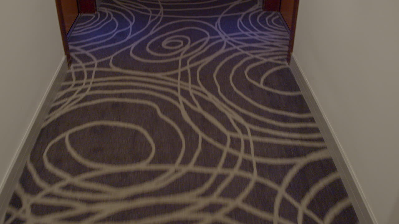 corredor del hotel con alfombra con patrones abstractos