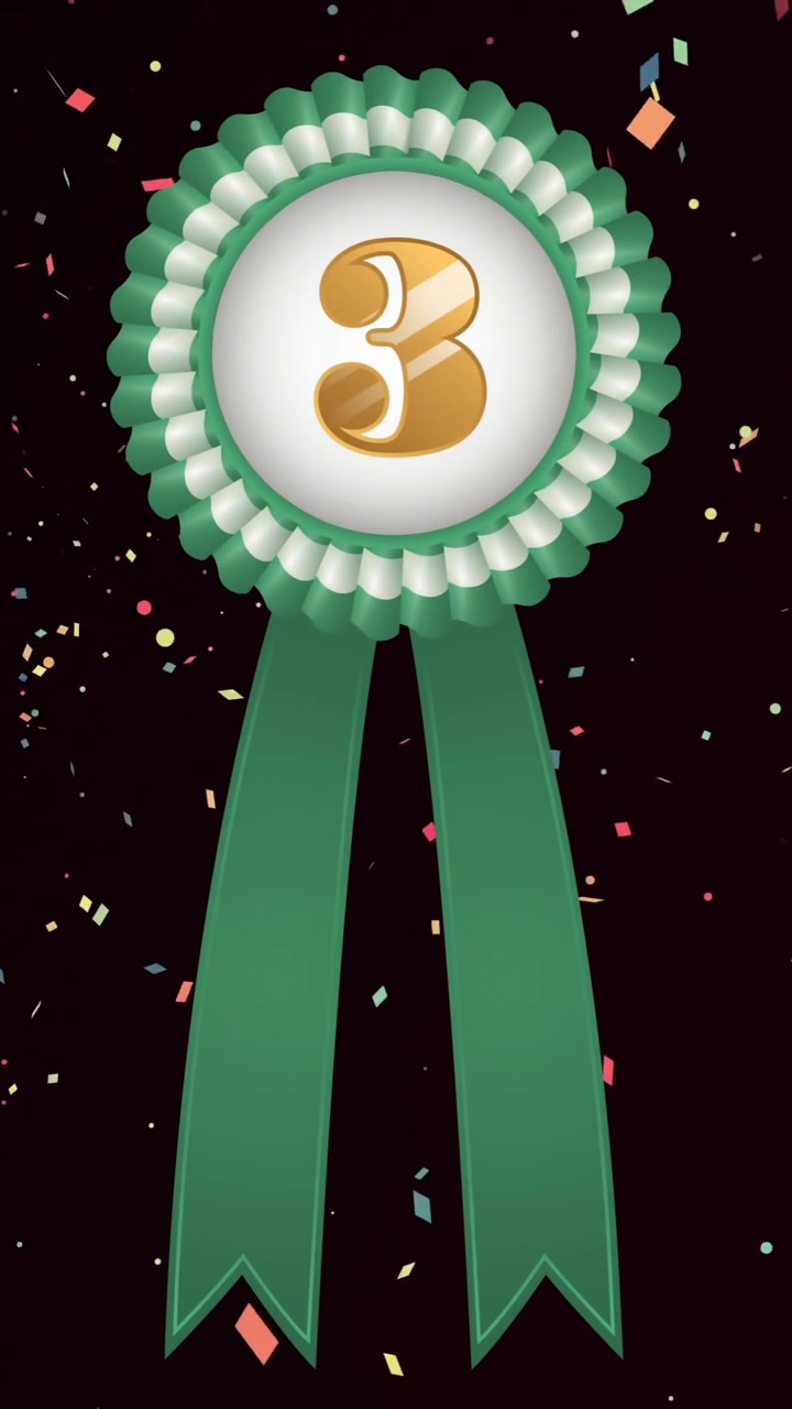 Animazione di una medaglia con il numero tre dorato e un nastro verde e coriandoli che fluttuano su sfondo nero