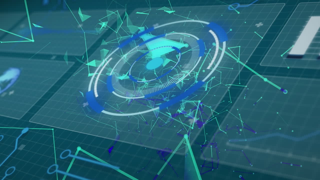 녹색 디지털 공간에서 다양한 모양과 데이터에 대한 회전 보안 시스템의 애니메이션