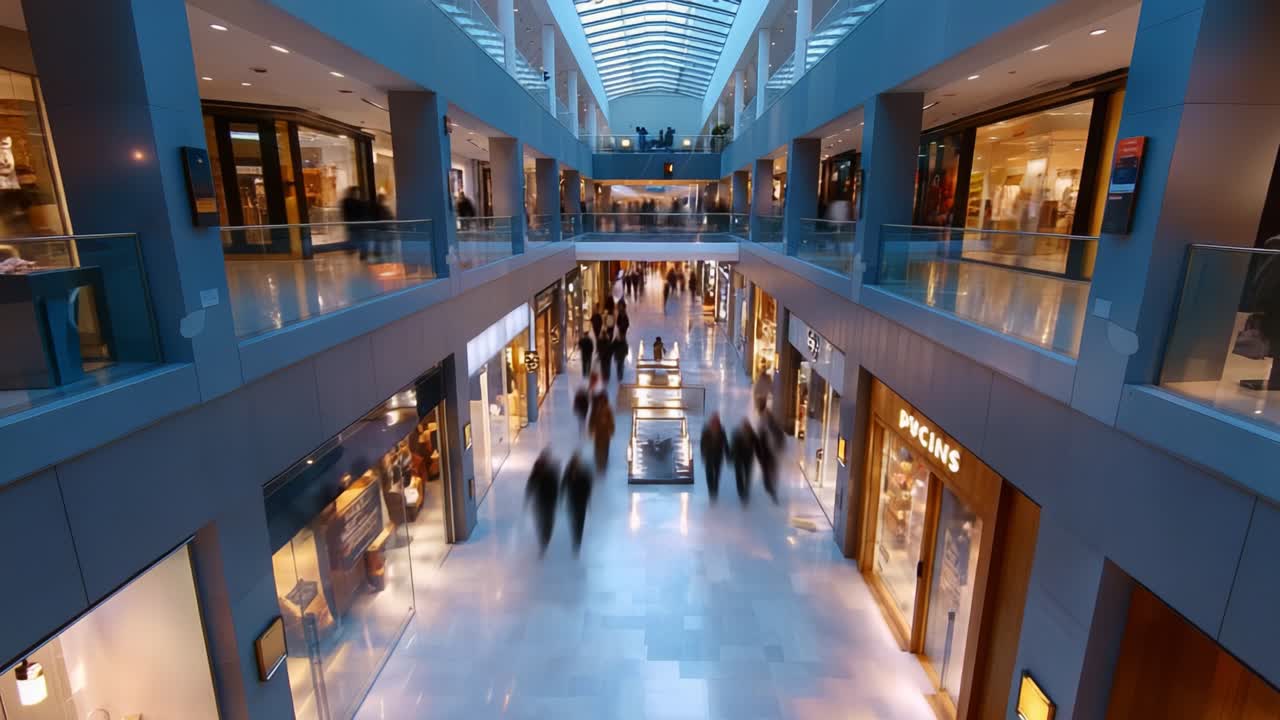 A Bustling Shopping Mall Interior Showcasing Modern Retail Architecture and Dynamic Consumer Movement, Highlighting a Vibrant Atmosphere of Shopping and Social Interaction