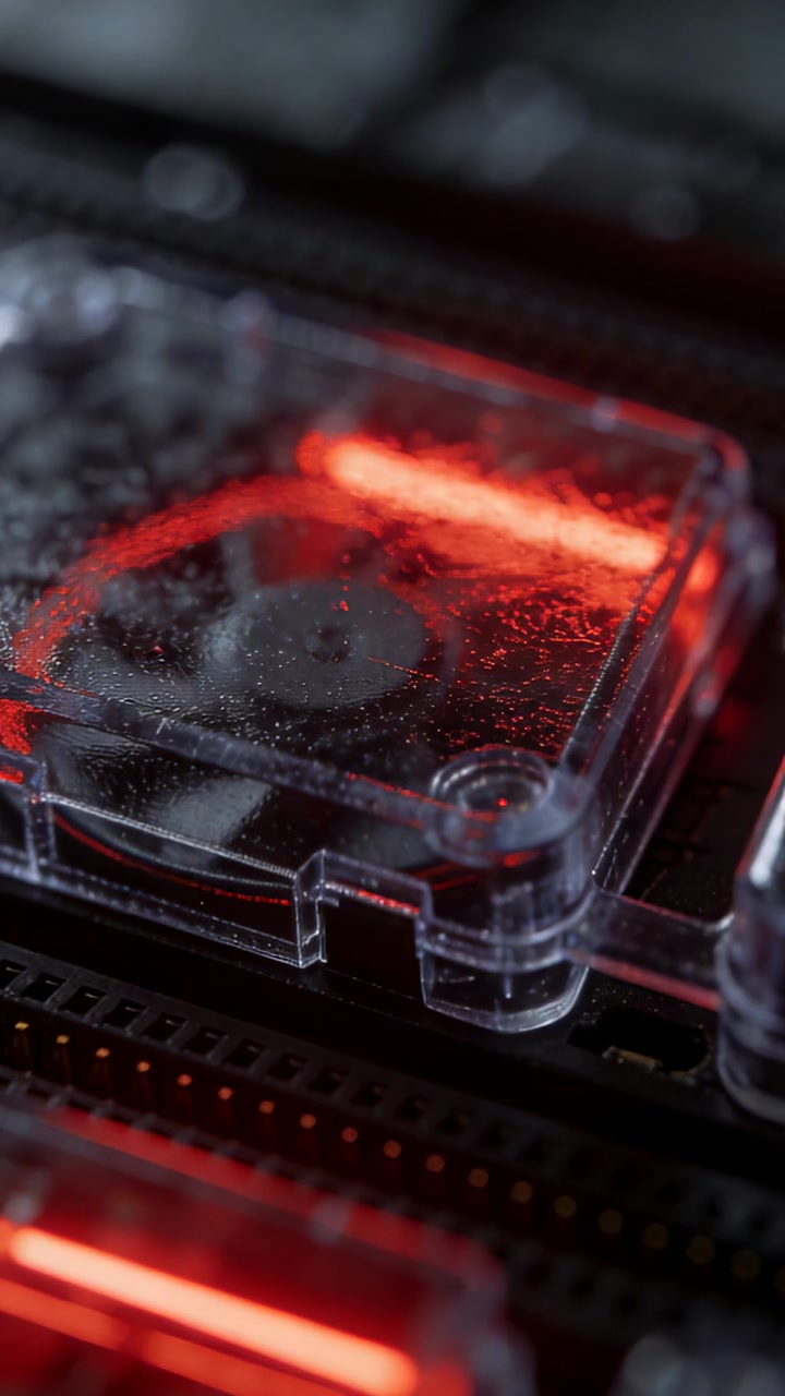 Vertical video: Lighting clear housing showing round part on PCB by red LED, moving glare with dust