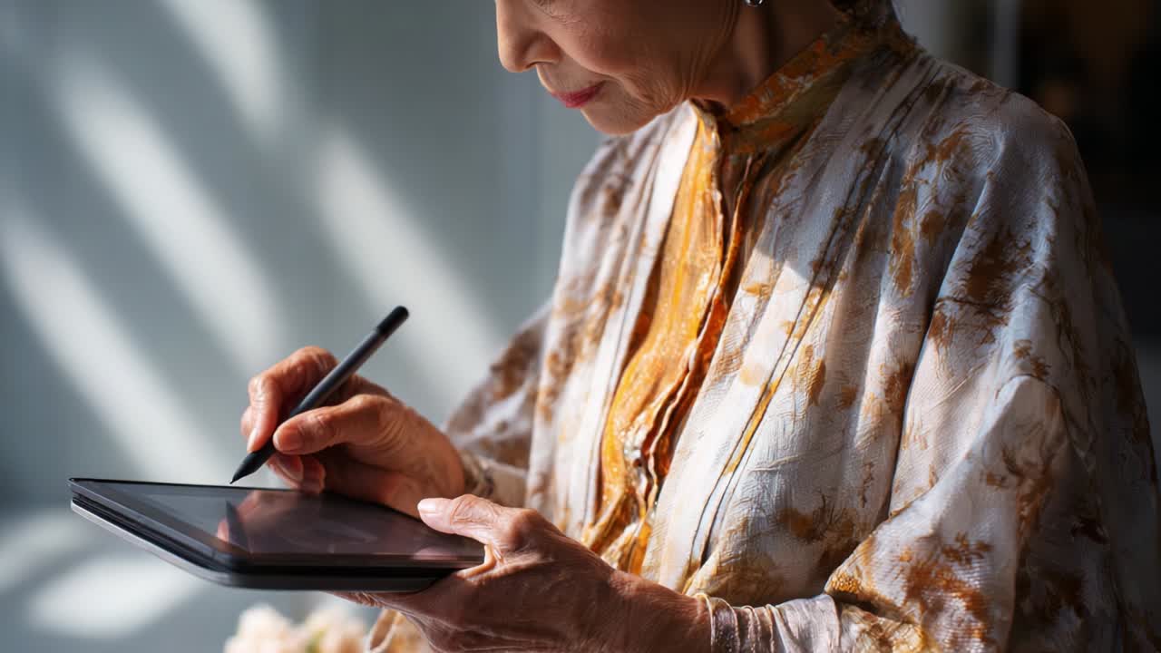En ældre kvinde iført en smukt mønstret kåbe tegner forsigtigt på en tablet med en stylus og fanger det subtile samspil mellem lys og skygge i et fredfyldt miljø, hvilket afspejler kreativitet og mindfulness