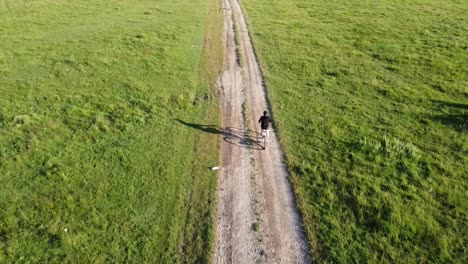 Luftaufnahmen-Eines-Mannes,-Der-An-Einem-Sonnigen-Sommertag-Sein-Fahrrad-Auf-Einer-Landstraße-Reitet