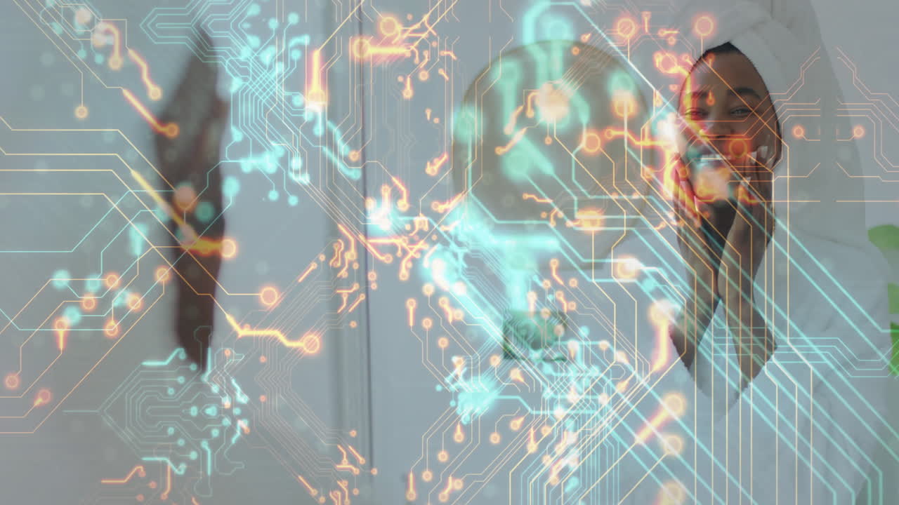 Digital circuit pattern animation over woman applying skincare in bathroom