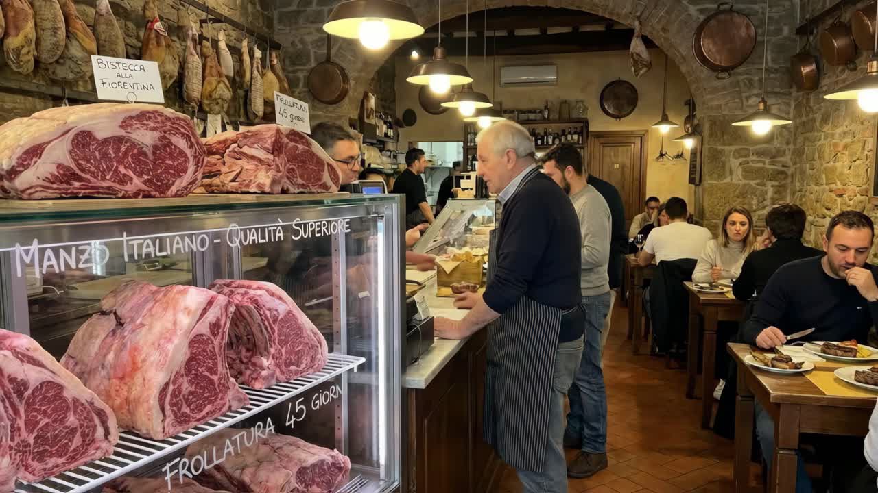 Meat display at a butcher shop and restaurant