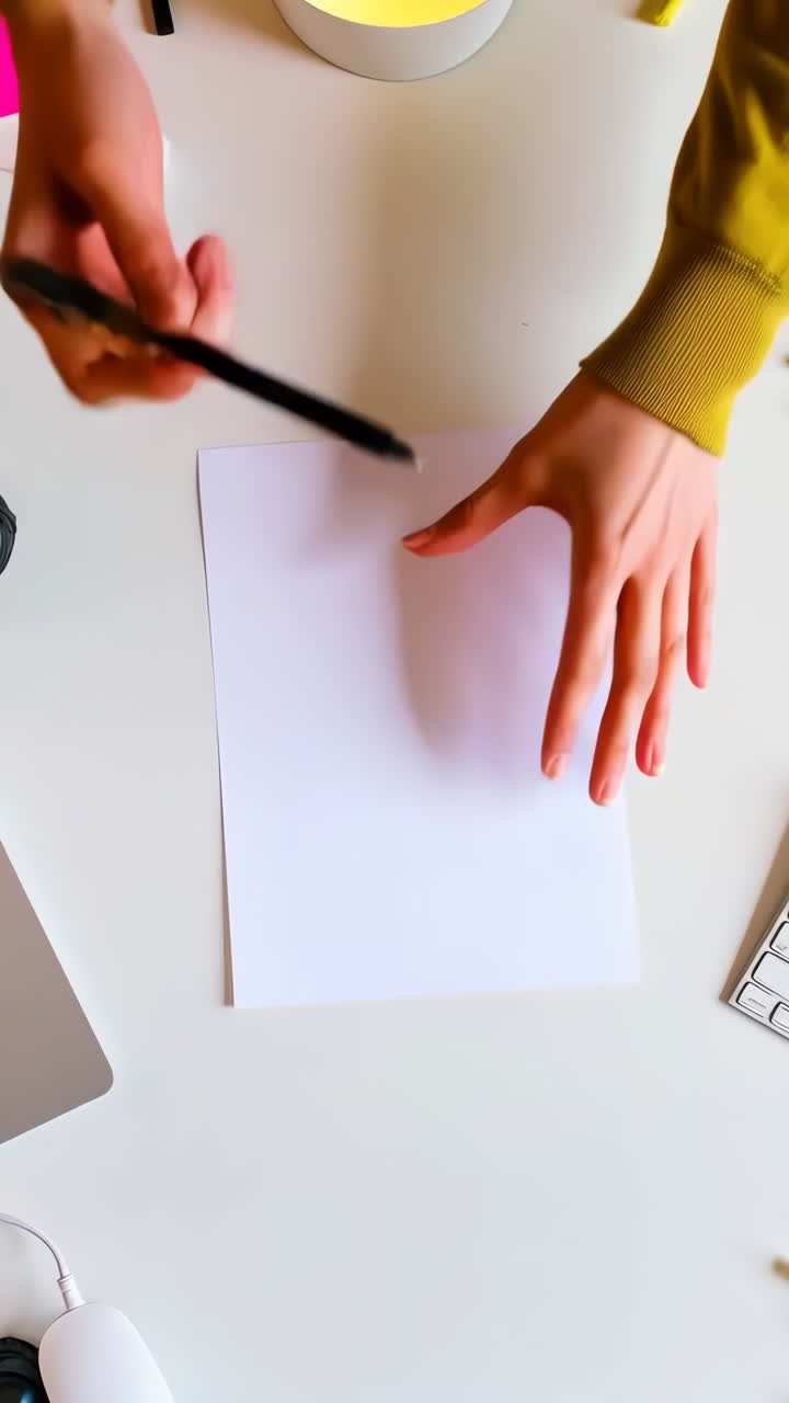Vista superior de un espacio de trabajo creativo con manos y papel en blanco.