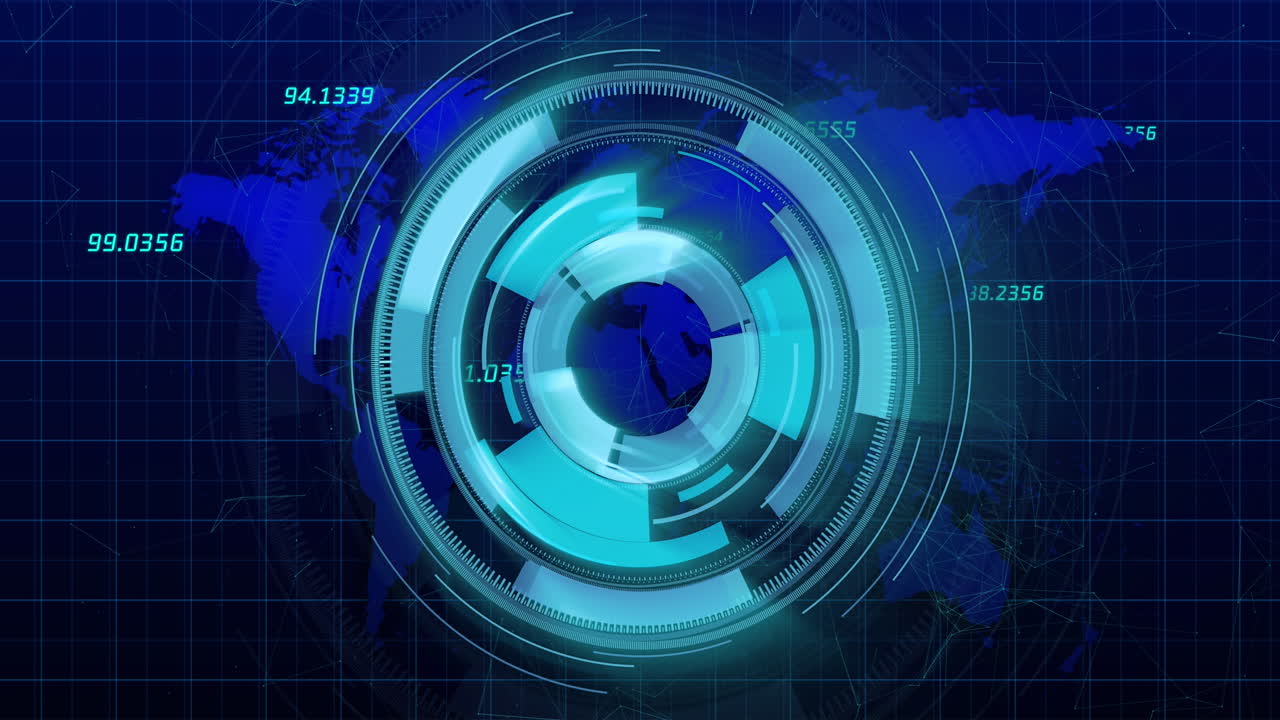 animación de un escáner redondo de neón sobre el mapa del mundo contra un fondo azul