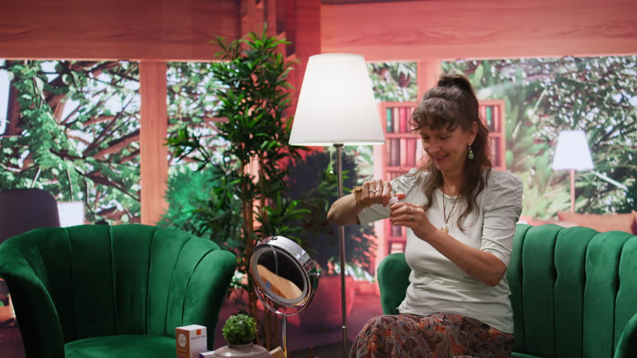 anciana haciendo su rutina diaria antienvejecimiento con productos para el cuidado de la piel