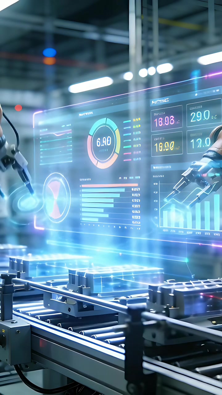 Vertical video: Belt moving parts cueing robots aligning, assembling on line, AR analytics updating