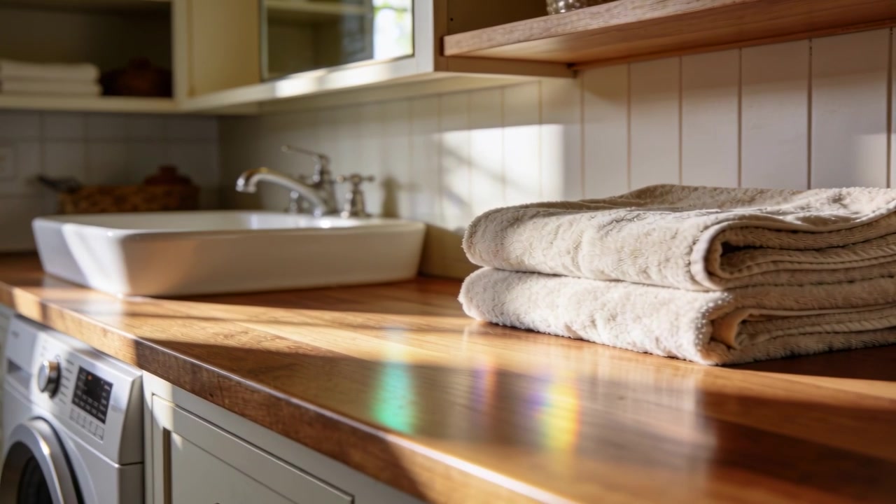 Panning camera over folded beige towels, revealing sink and washing machine, copy space