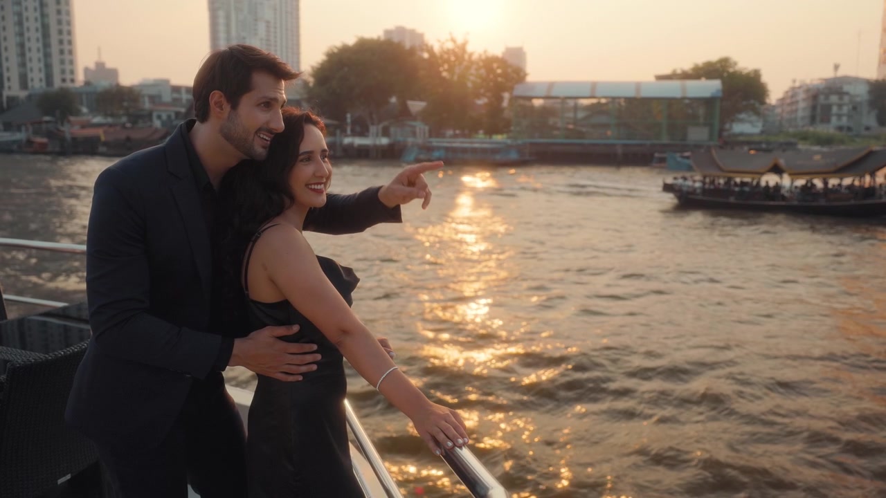 Coppia romantica su una barca che guarda il tramonto sul fiume della città