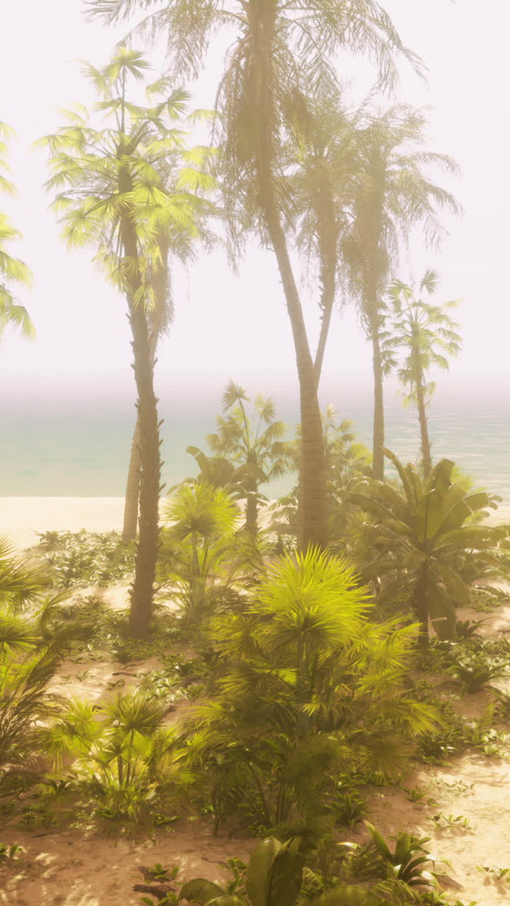 종려나무 와 울창 한 식물 이 있는 열대 해변