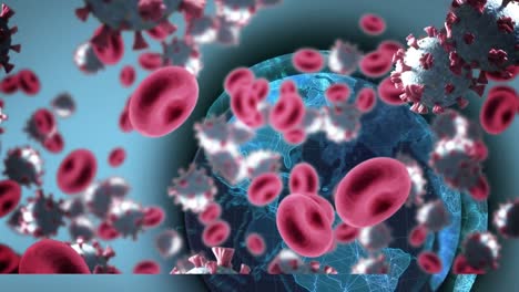 Animation-Von-Covid-19-Und-Roten-Blutkörperchen,-Die-Auf-Blauem-Hintergrund-über-Dem-Globus-Schweben
