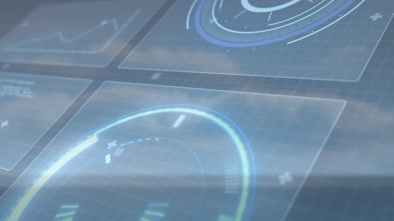 그래프와 원형 인터페이스 요소를 가진 미래의 데이터 처리 애니메이션