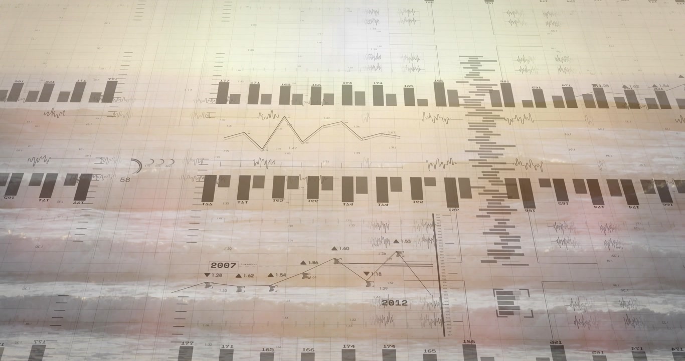Analytics overlays expanding, mirroring over shoreline, revealing tiled bar charts and line graphs