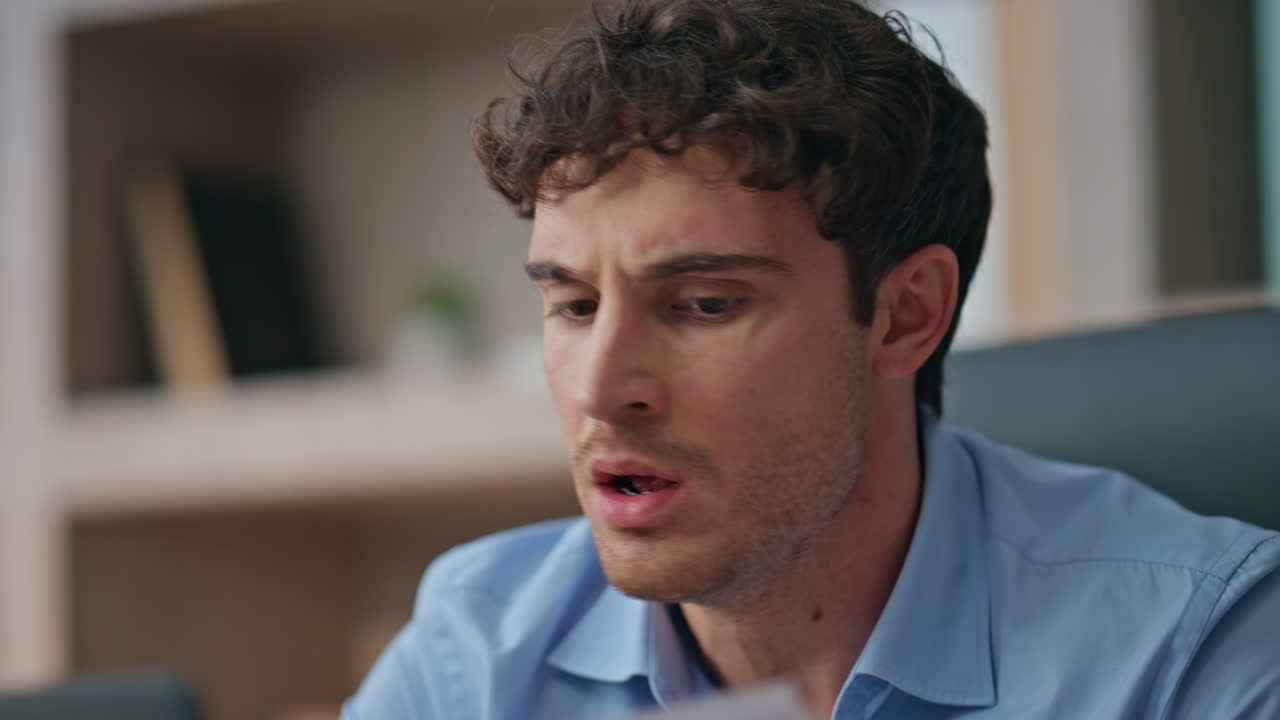 Anxious manager talking online discussing problem closeup. Angry man throwing