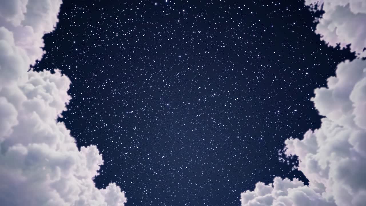A mesmerizing video scene of a starry night sky framed by fluffy clouds